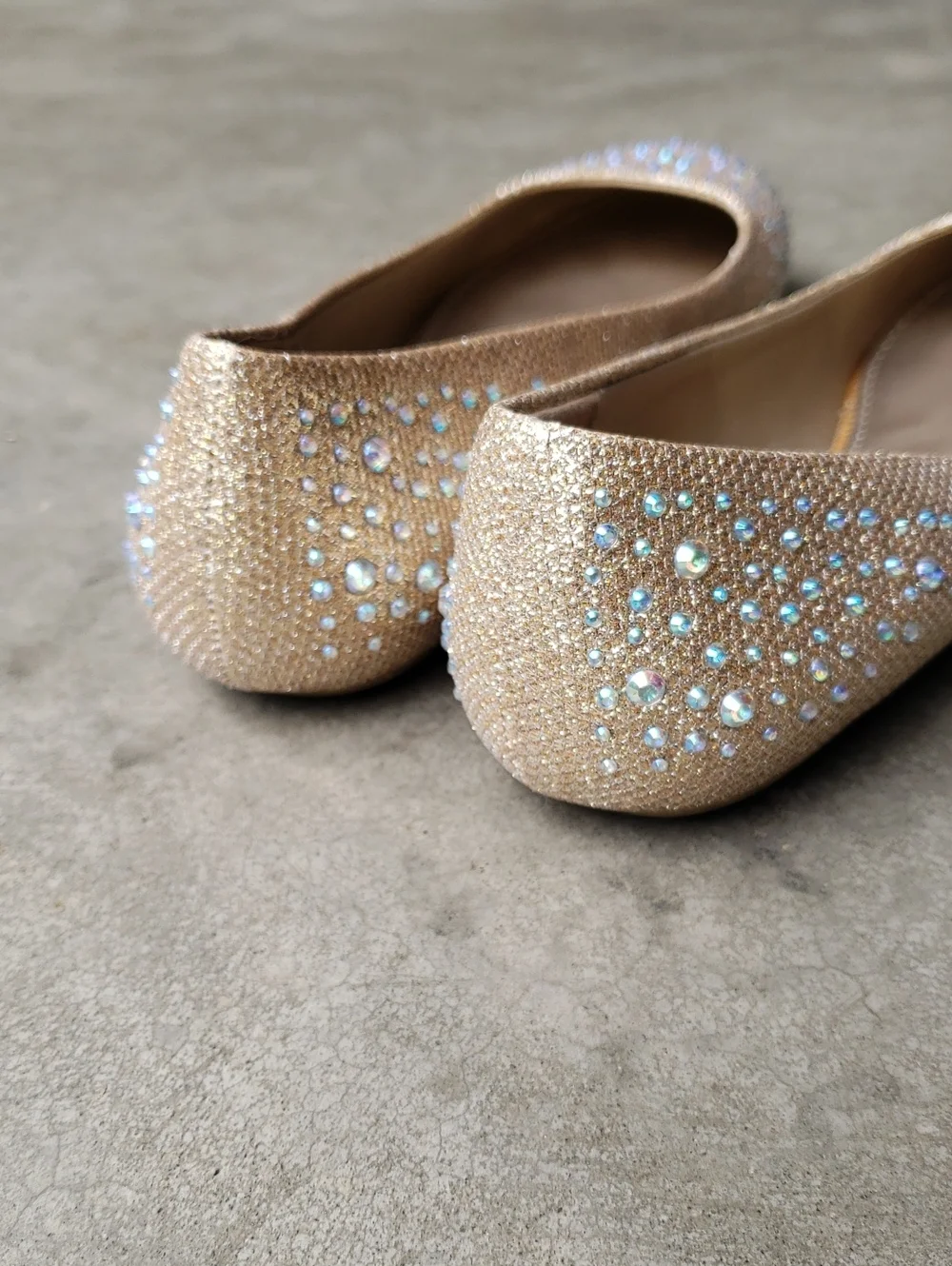 Gold Round Toe Flats with Rhinestones. Women's 6.5